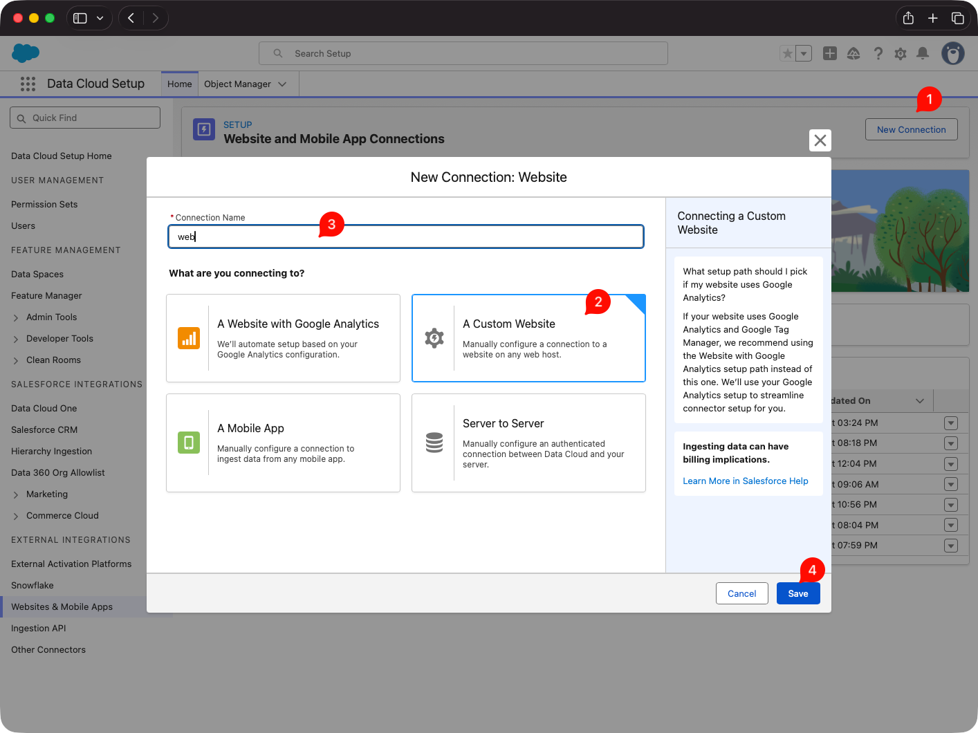 Website connector creation screen in Data Cloud