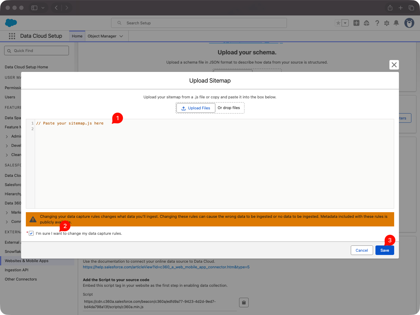 Sitemap upload section in the website connector setup